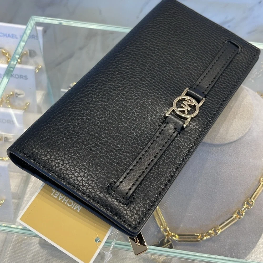 Michael Kors Reed Large Bifold Pebbled Leather Snap Wallet Card Case  Black  NWT